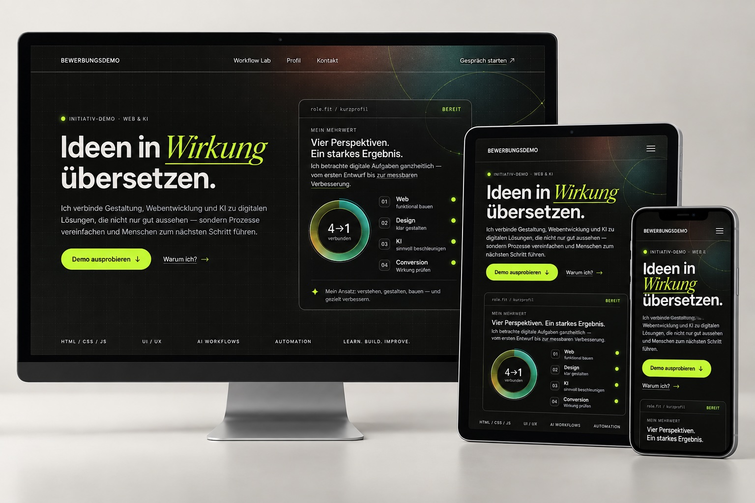 Dunkle interaktive Web-Demo auf Desktop, Tablet und Smartphone