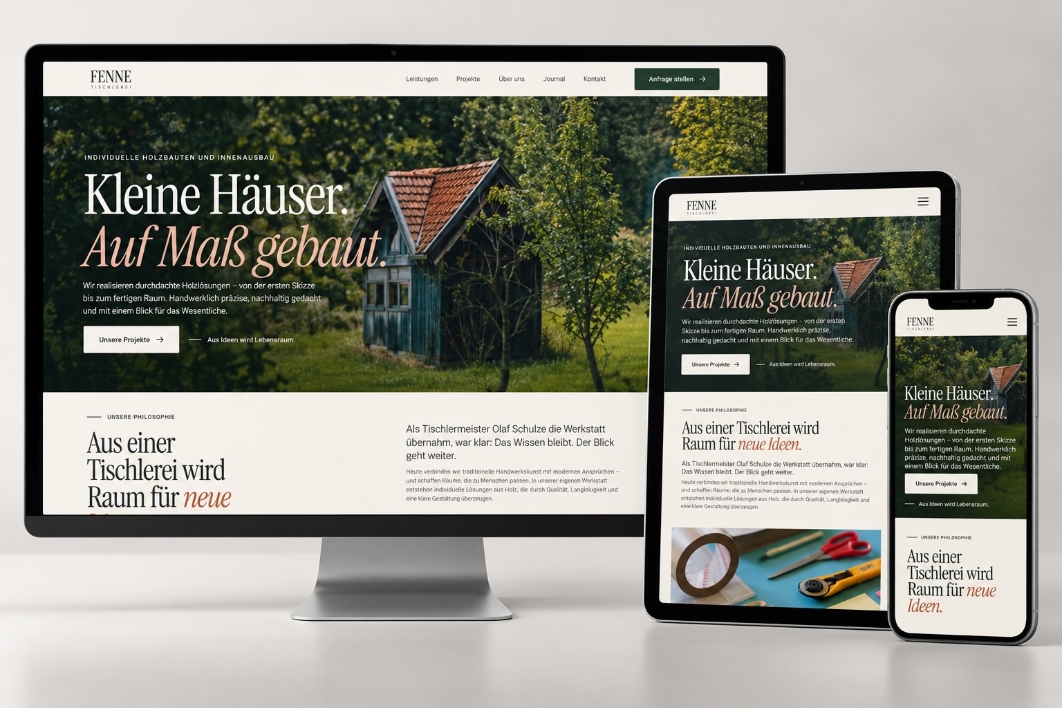 Responsive Website-Konzept für Fenne Tischlerei auf Desktop, Tablet und Smartphone