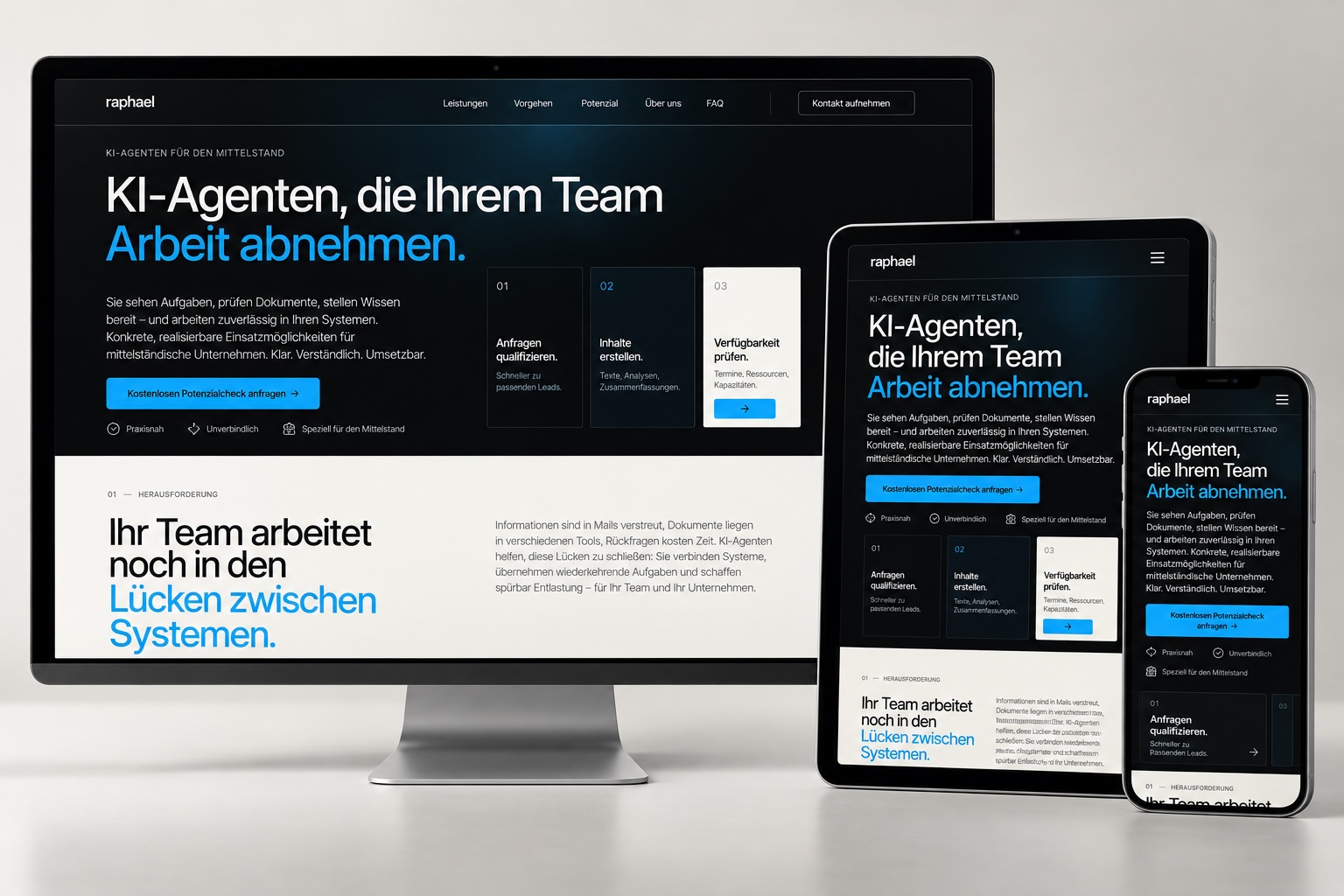Dunkles responsive Website-Konzept für Raphael KI-Agenten