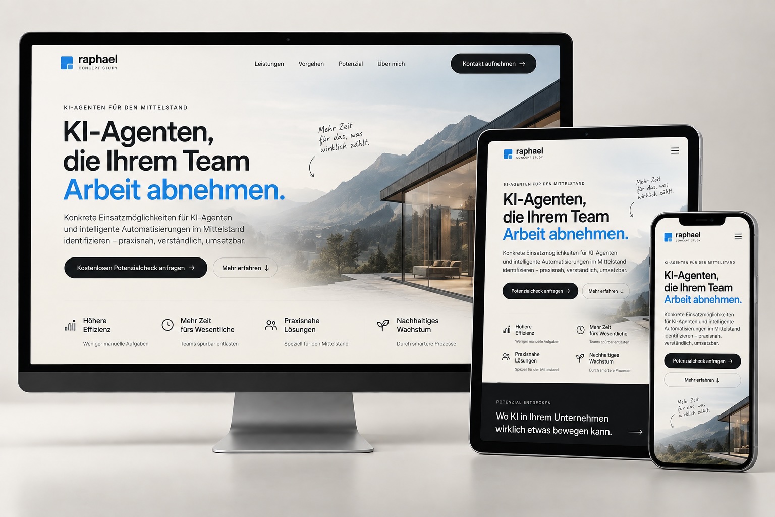 Helles responsive Website-Konzept für Raphael KI-Agenten